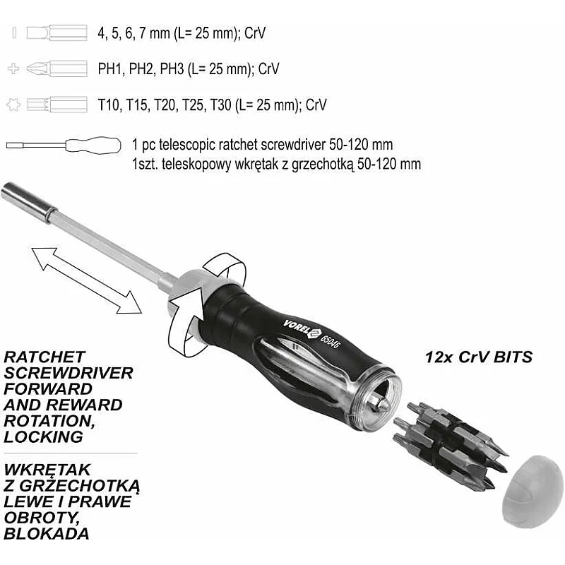 Викрутка реверсивна VOREL 50х120 мм (65046) фото