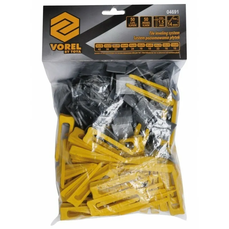 Система выравнивания плитки VOREL 1.5 мм, 14 мм, 50+50 шт. (04691) фото