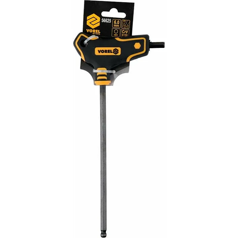 Ключ шестигранный с шаровым наконечником VOREL HEX 6x150x90 мм, Cr-V 6150 (56625) фото