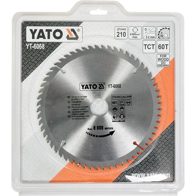 Диск пильний YATO по дереву 210х30x3.2x2.2 мм, 60 зубців (YT-6068) фото