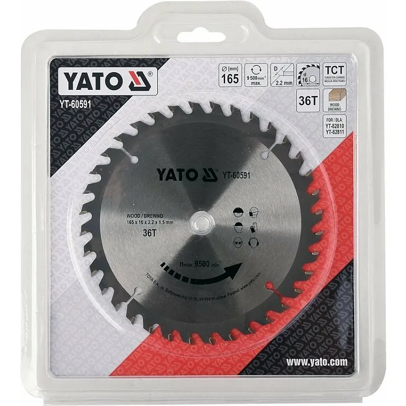 Диск пильний по дереву з переможними напайками Yato YT-60591 (165x16x2.2x1.5 мм), 36 зуба фото