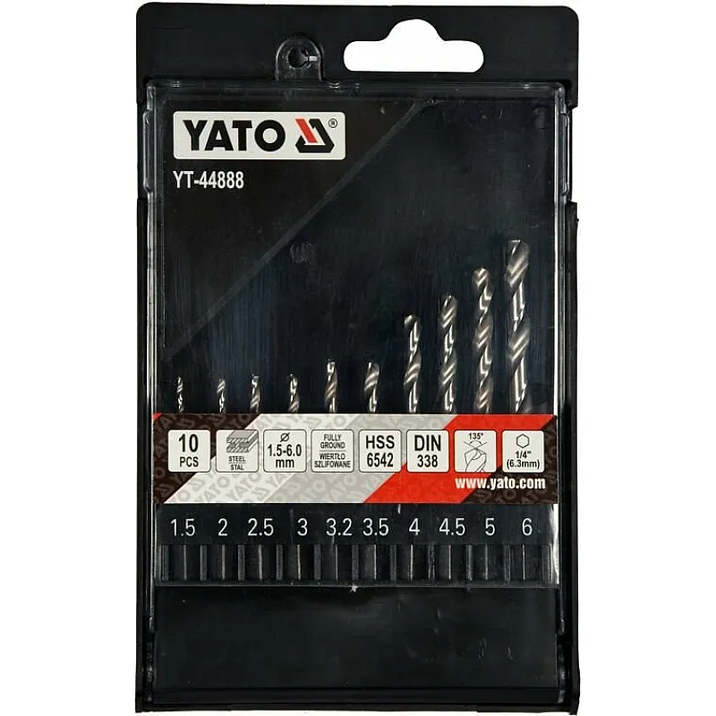 Набір свердлів Yato HSS6542/ 1.5х6 мм, HEX-1/4 по металу 10 шт у футлярі (YT-44888) фото
