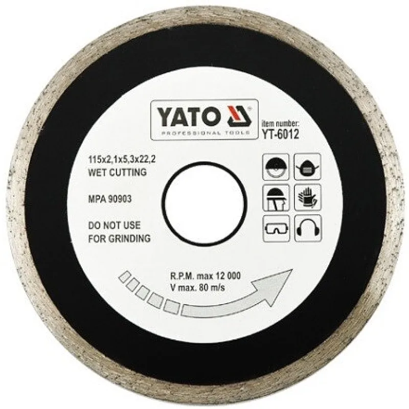 Диск алмазный YATO сплошной 115x5,3x22,2 мм для мокрой резки (YT-6012) фото