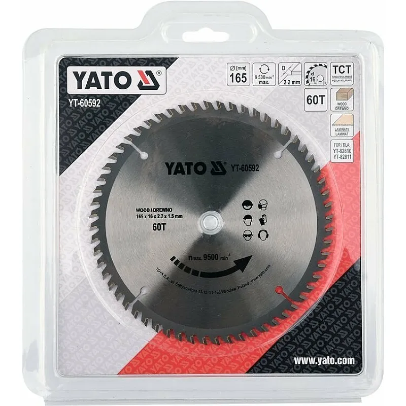 Диск пильний по дереву з переможними напайками Yato YT-60592 (165x16x2.2x1.5 мм), 60 зубців фото