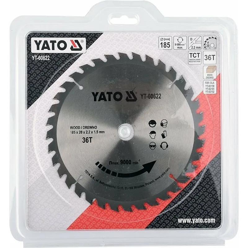 Диск пильний по дереву з переможними напайками Yato YT-60622 (185x20x2.2x1.5 мм), 36 зуба фото