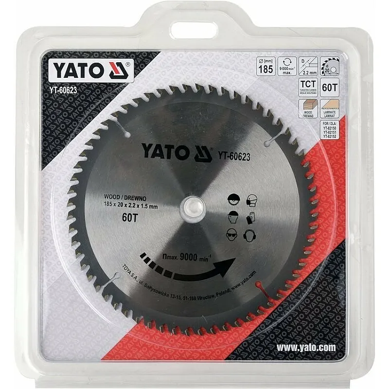 Диск пильний по дереву з переможними напайками Yato YT-60623 (185x20x2.2x1.5 мм), 60 зубців фото