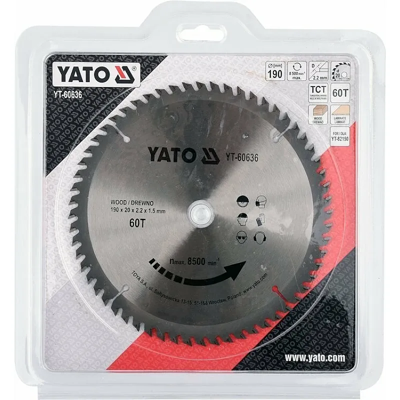 Диск пильний по дереву з переможними напайками Yato YT-60636 (190x20x2.2x1.5 мм), 60 зубців фото
