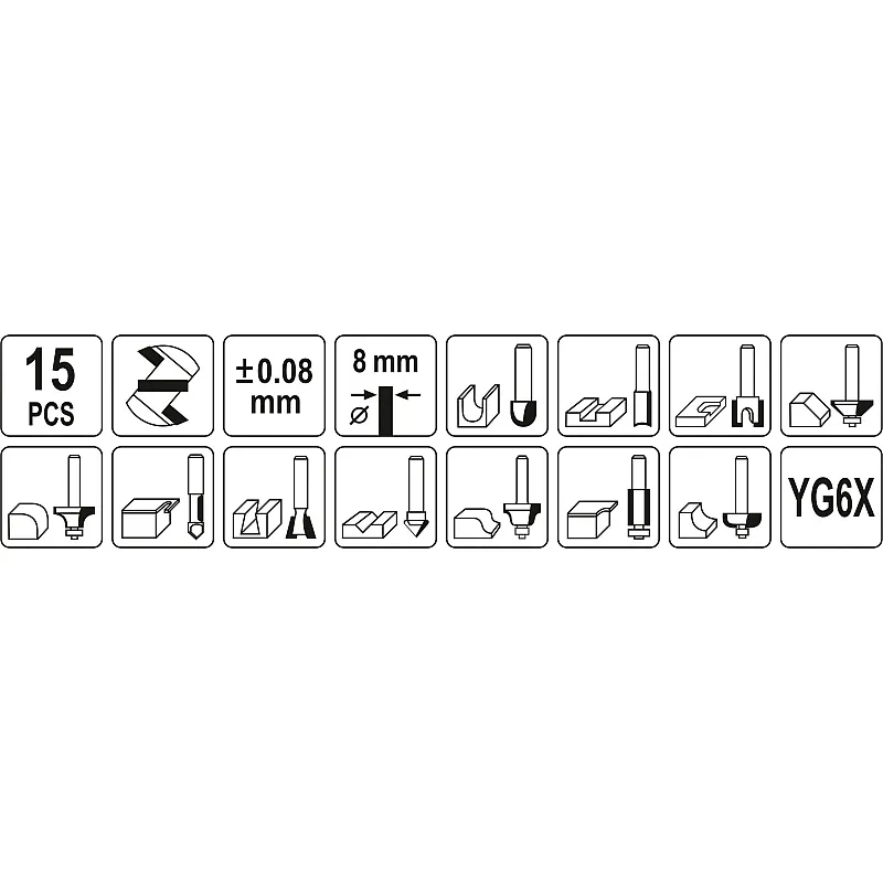 Фрези по дереву Yato 8 мм, 15 шт (YT-68002) фото