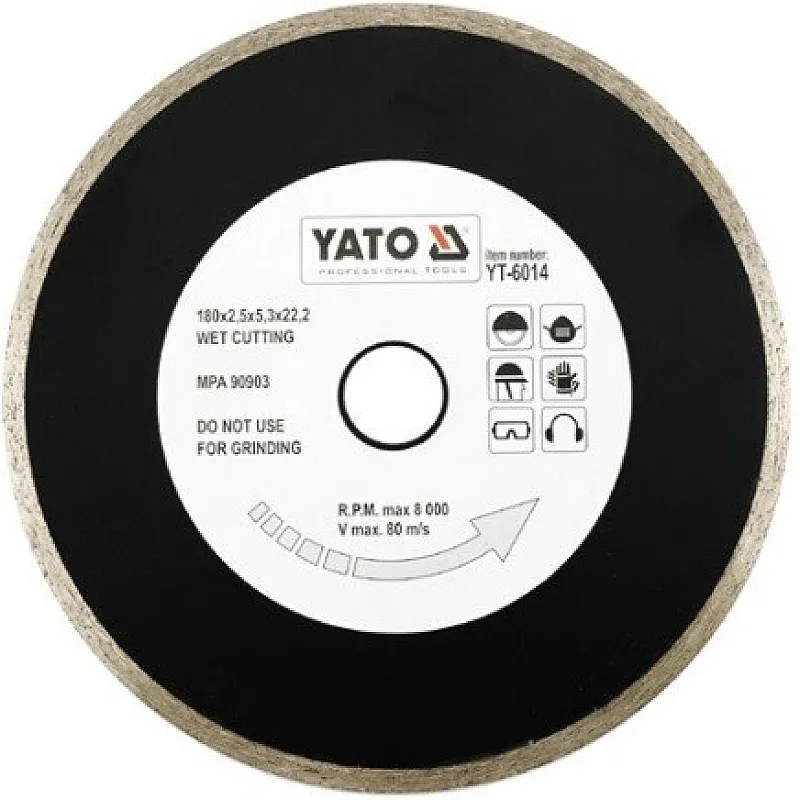 Диск алмазний YATO суцільний 180x5,3x22,2 мм для мокрого різання (YT-6014) фото
