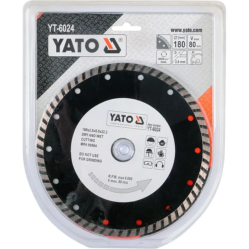 Диск алмазный YATO турбо 180x8,0x22,2 мм (YT-6024) фото